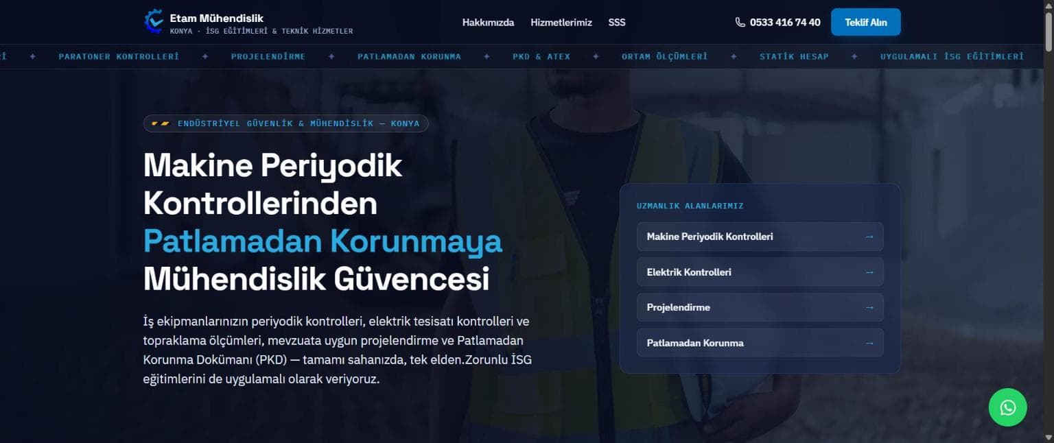 Etam Mühendislik web sitesi ana sayfa görünümü