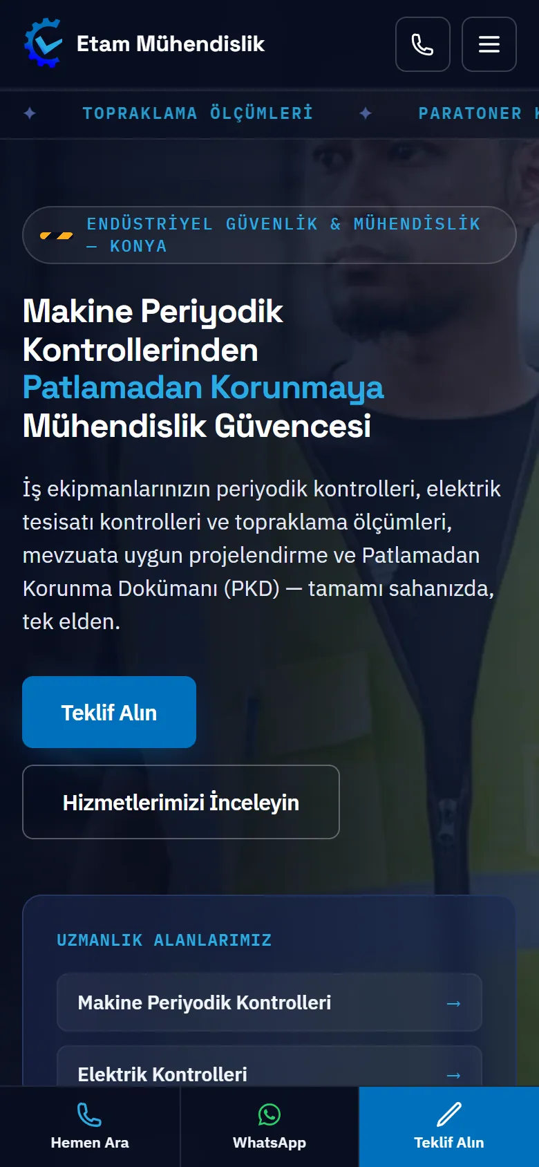Etam Mühendislik ana sayfası telefonda