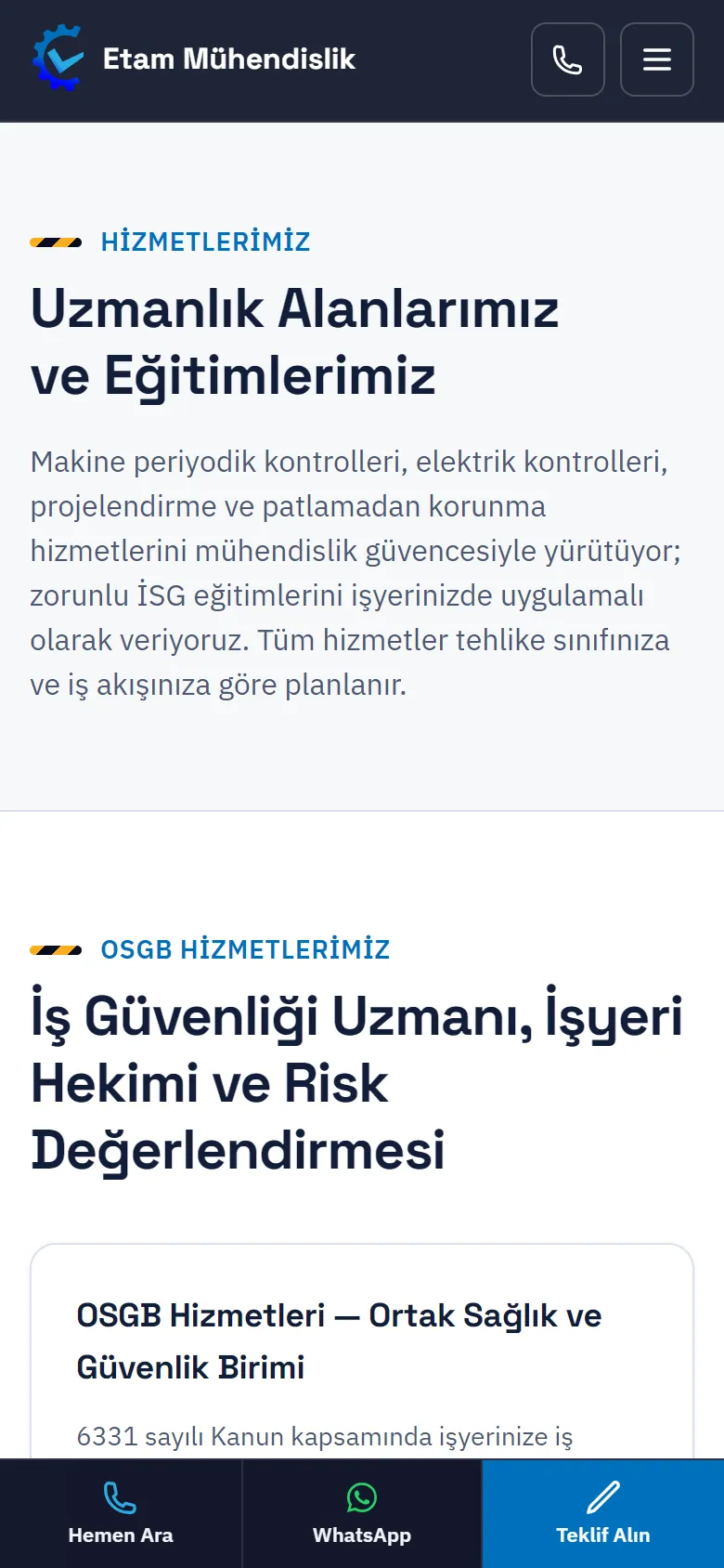 Etam Mühendislik hizmetler sayfası telefonda