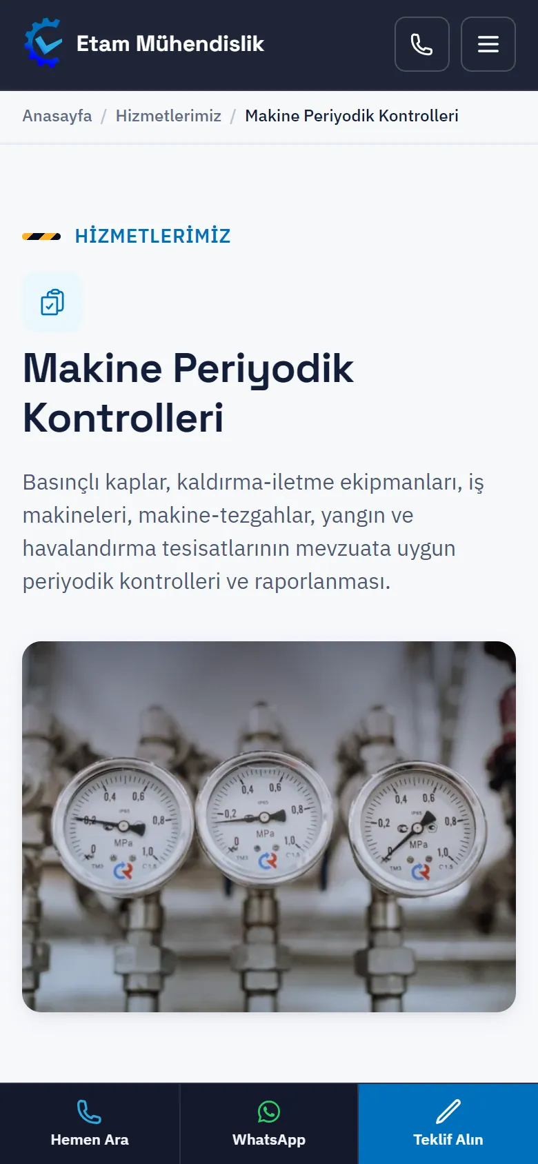 Etam Mühendislik makine periyodik kontrolleri sayfası telefonda