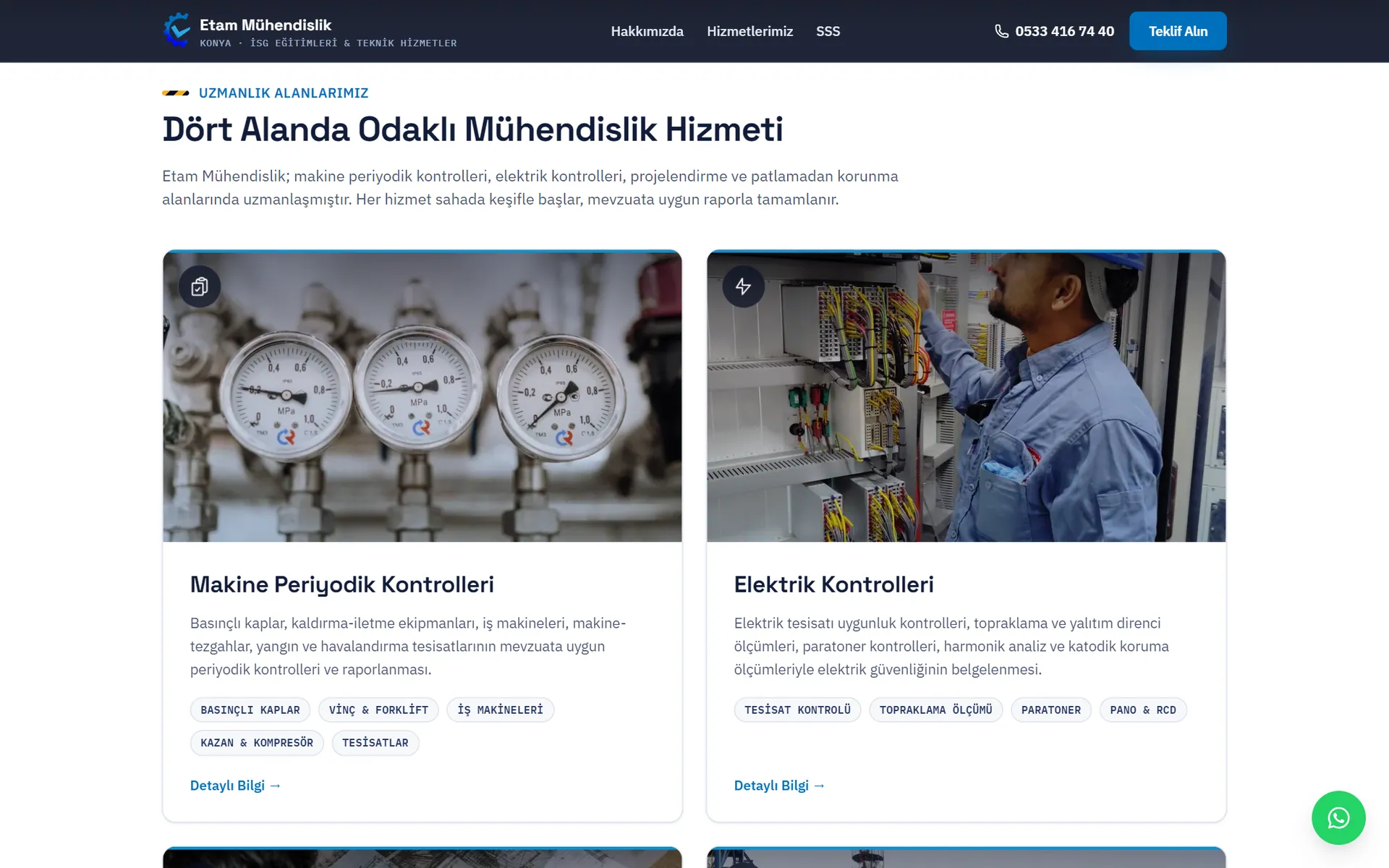 Etam Mühendislik ana sayfasında fotoğraflı uzmanlık alanı kartları