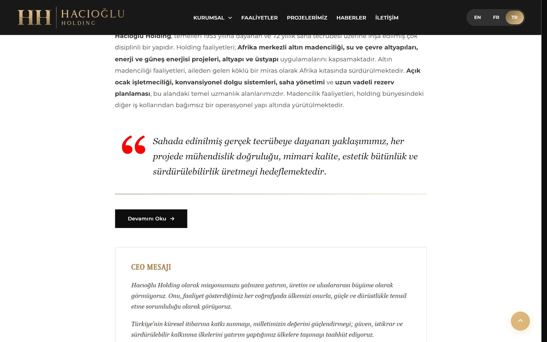 Hacıoğlu Holding ana sayfasında kurumsal tanıtım ve CEO mesajı