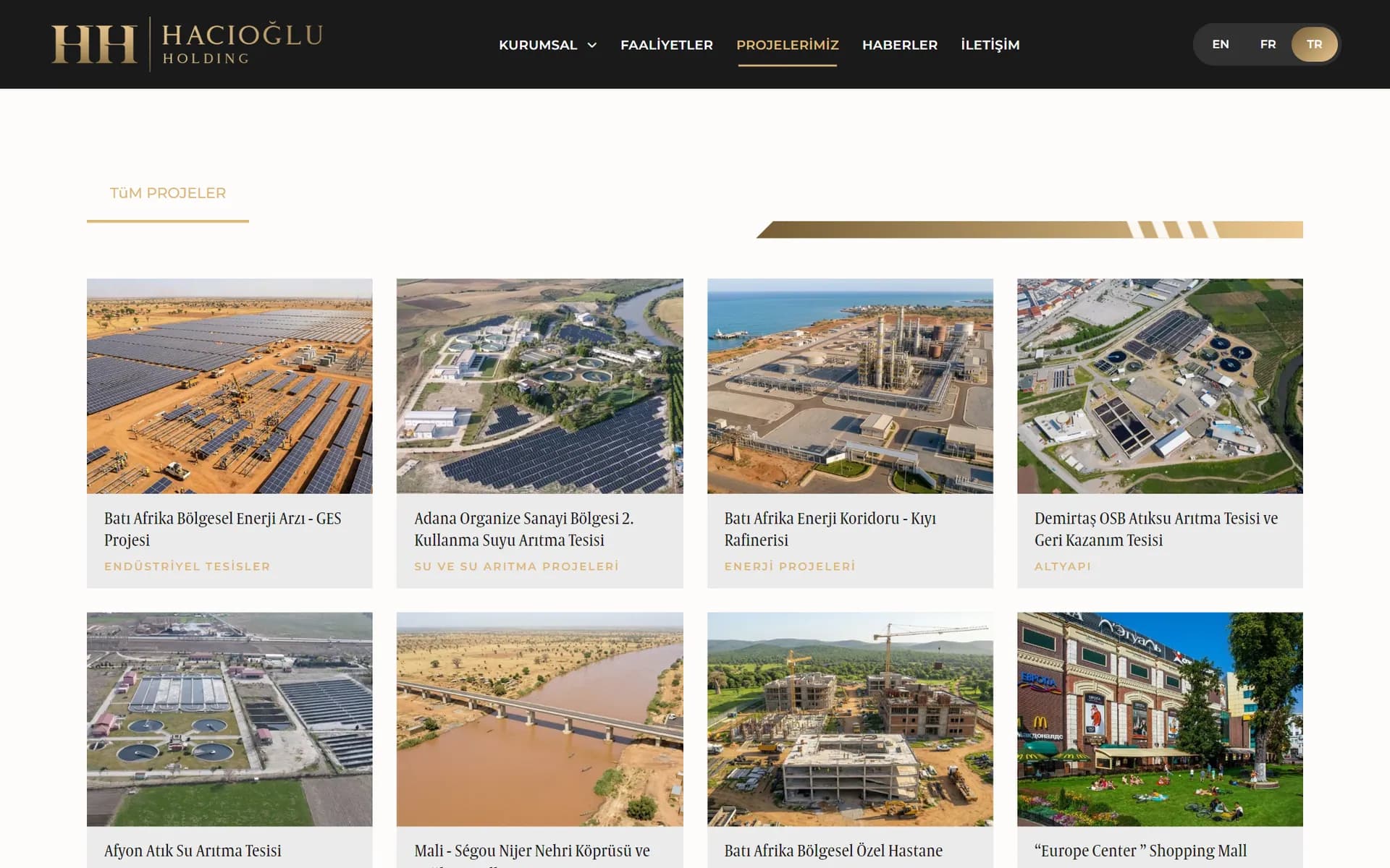 Hacıoğlu Holding projeler sayfasında proje kartları