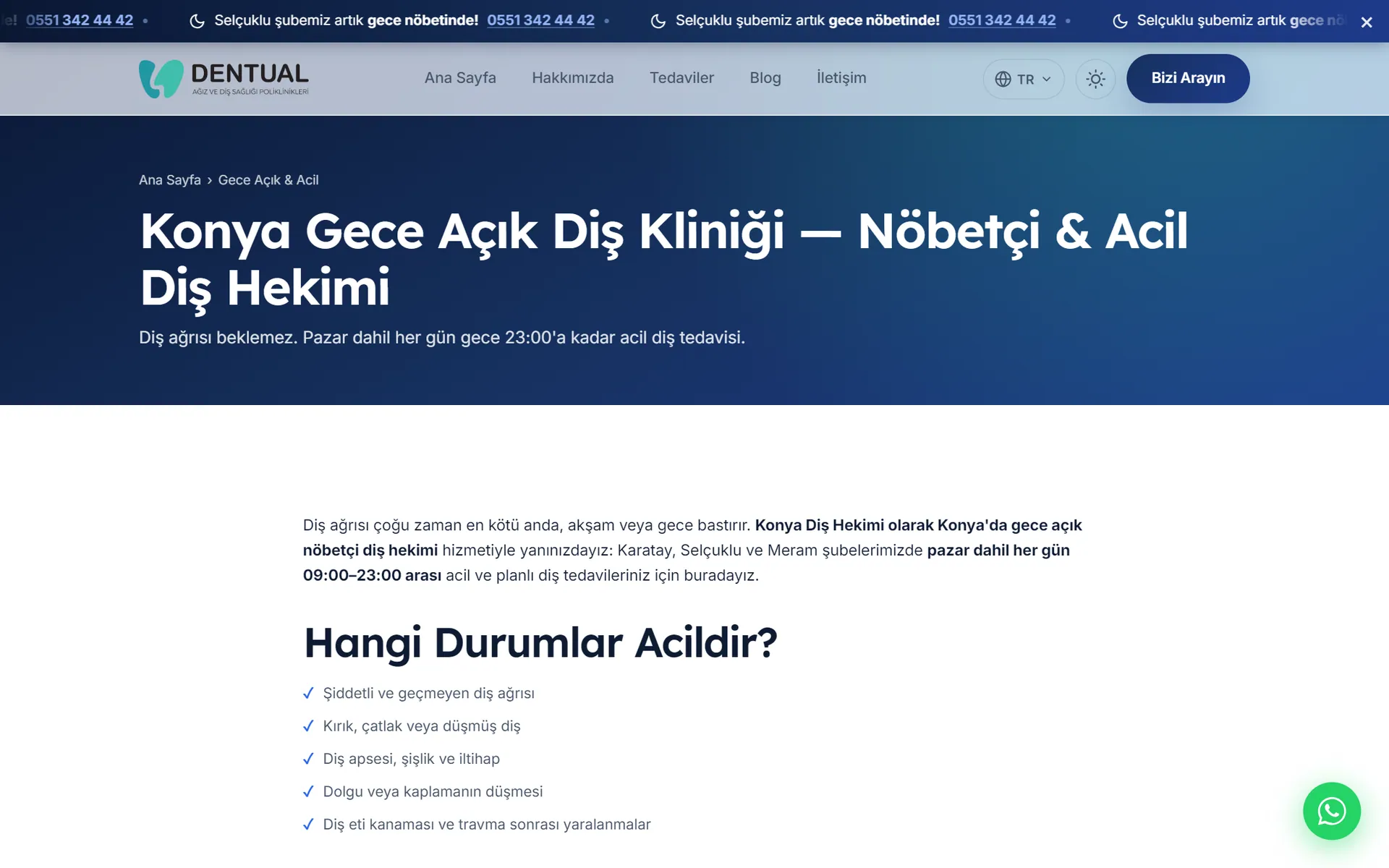 Konya Diş Hekimi sitesinde gece açık klinik sayfası