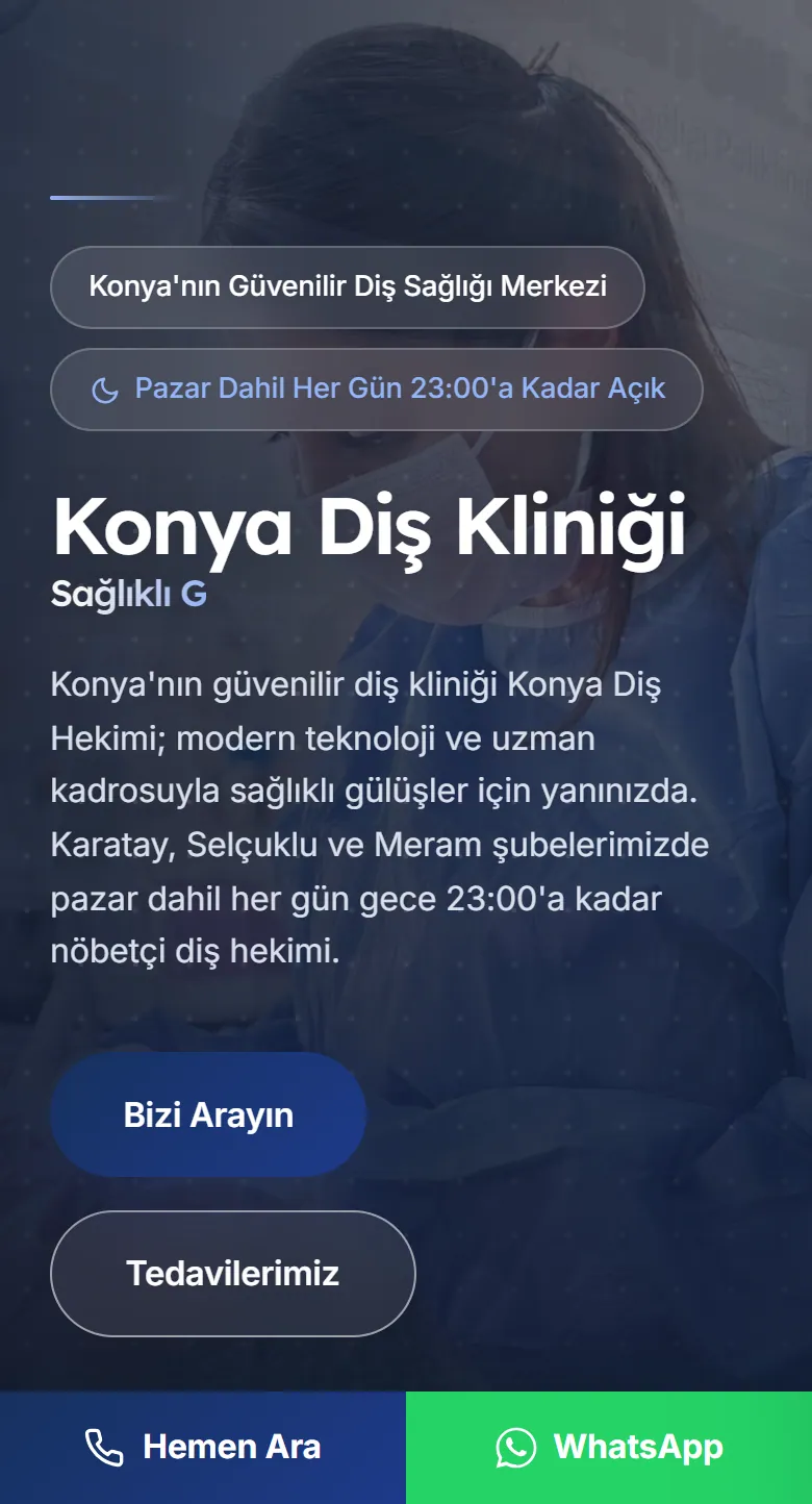 Konya Diş Hekimi web sitesinin ilk ekranı: pazar dahil her gün 23:00'a kadar açık vurgusu