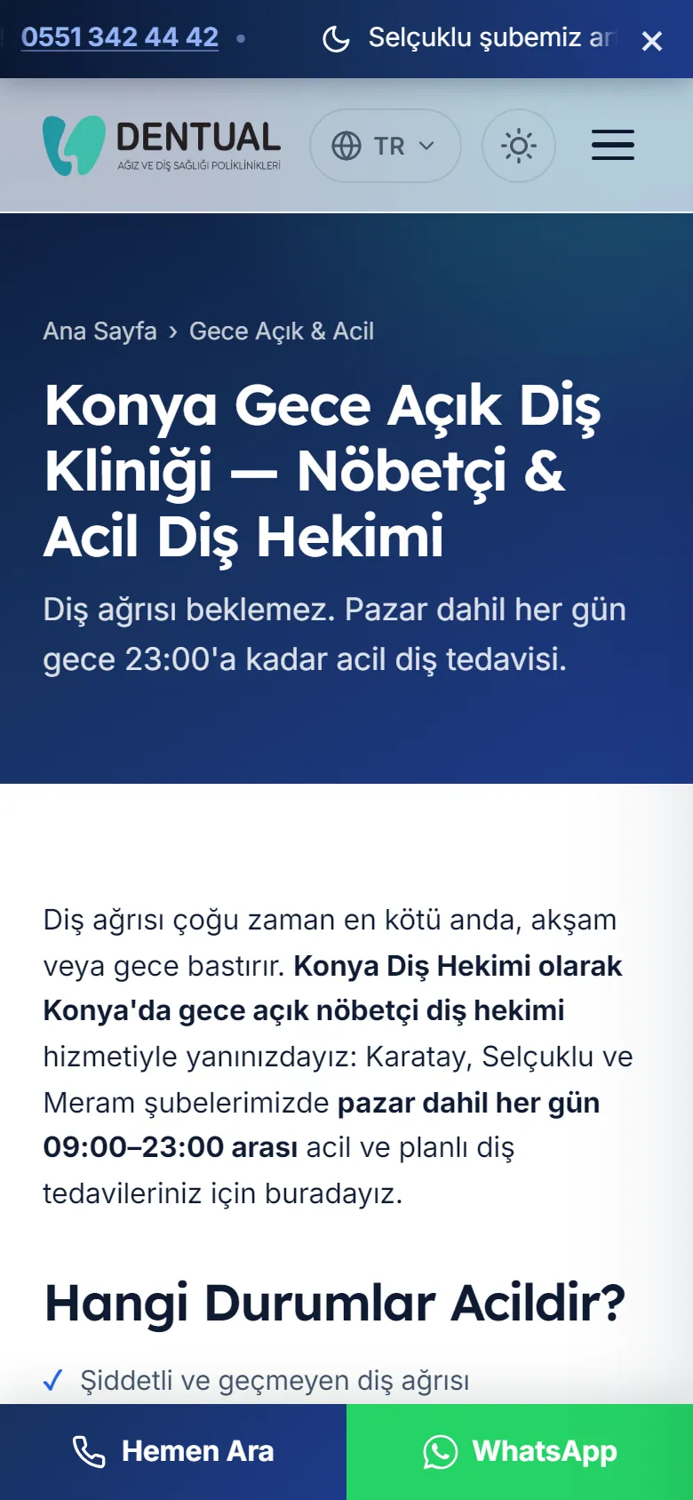 Konya Diş Hekimi gece açık klinik sayfası telefonda