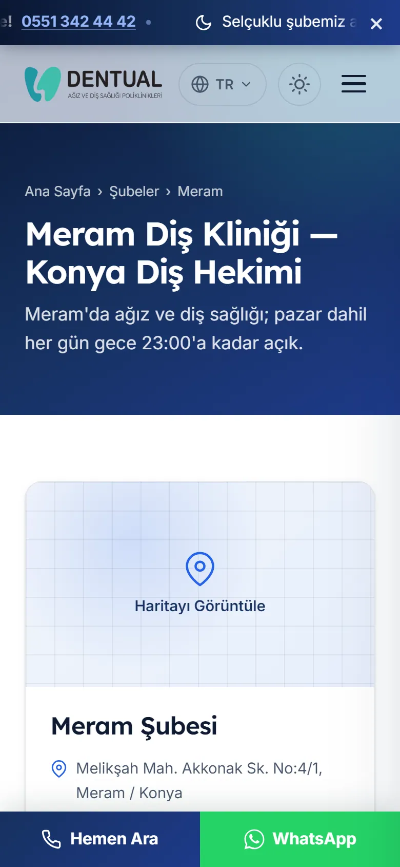 Konya Diş Hekimi Meram şubesi sayfası telefonda