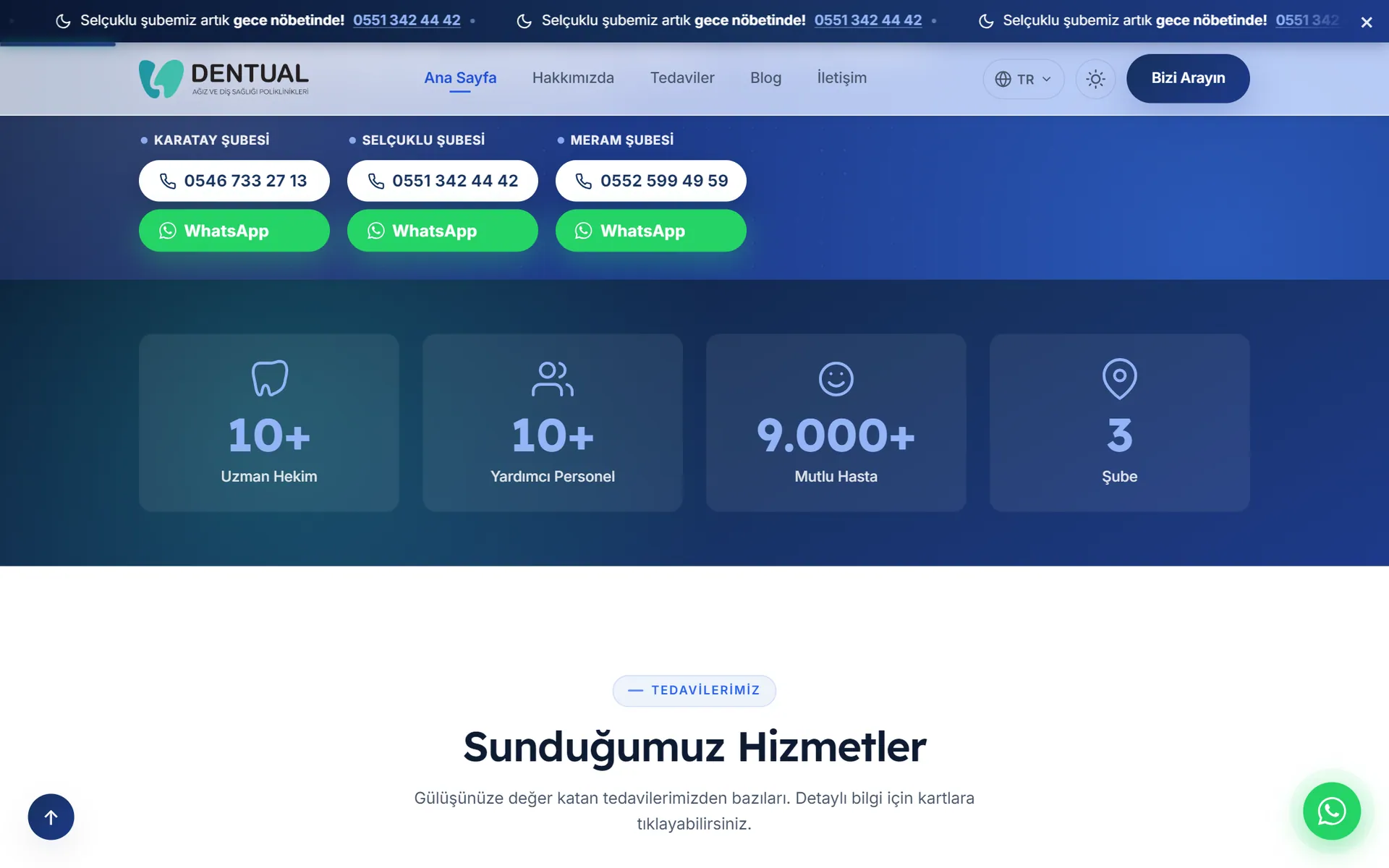 Konya Diş Hekimi ana sayfasında üç şubenin telefon ve WhatsApp hatları