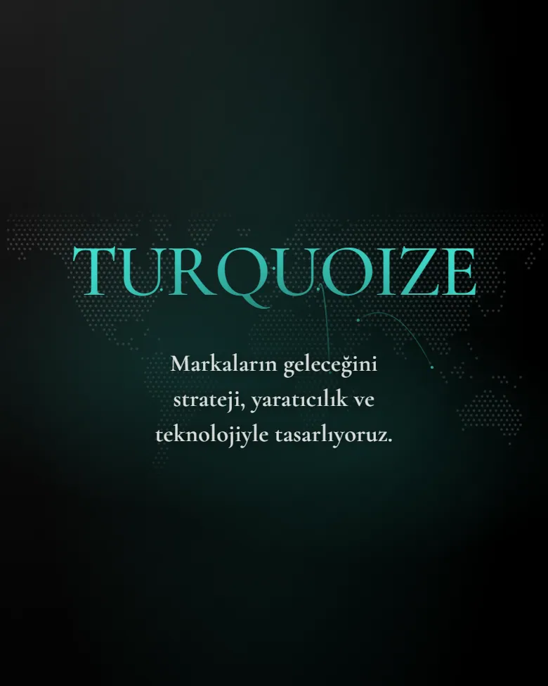 Turquoize web sitesinin ilk ekranı: noktalarla çizilmiş dünya haritasının üstünde turkuaz TURQUOIZE kelime işareti