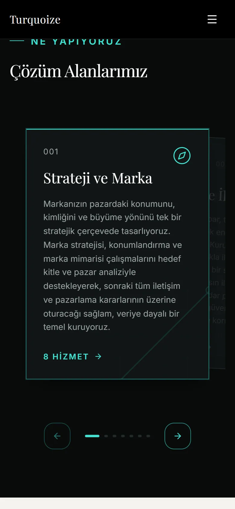 Turquoize ana sayfası telefonda, çözüm alanları kartı