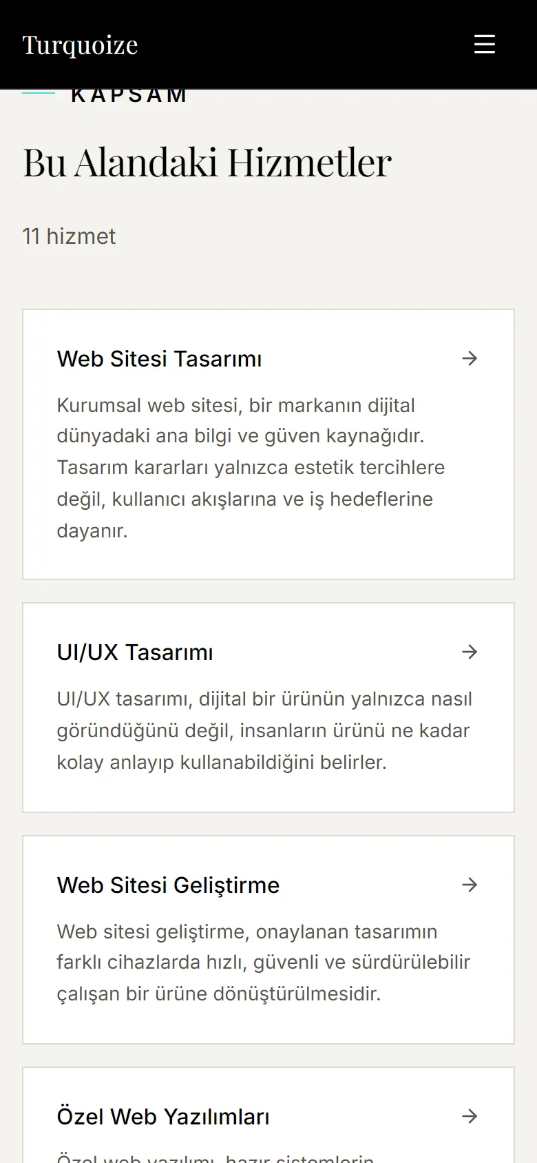 Turquoize yazılım ve teknoloji çözüm alanı sayfası telefonda