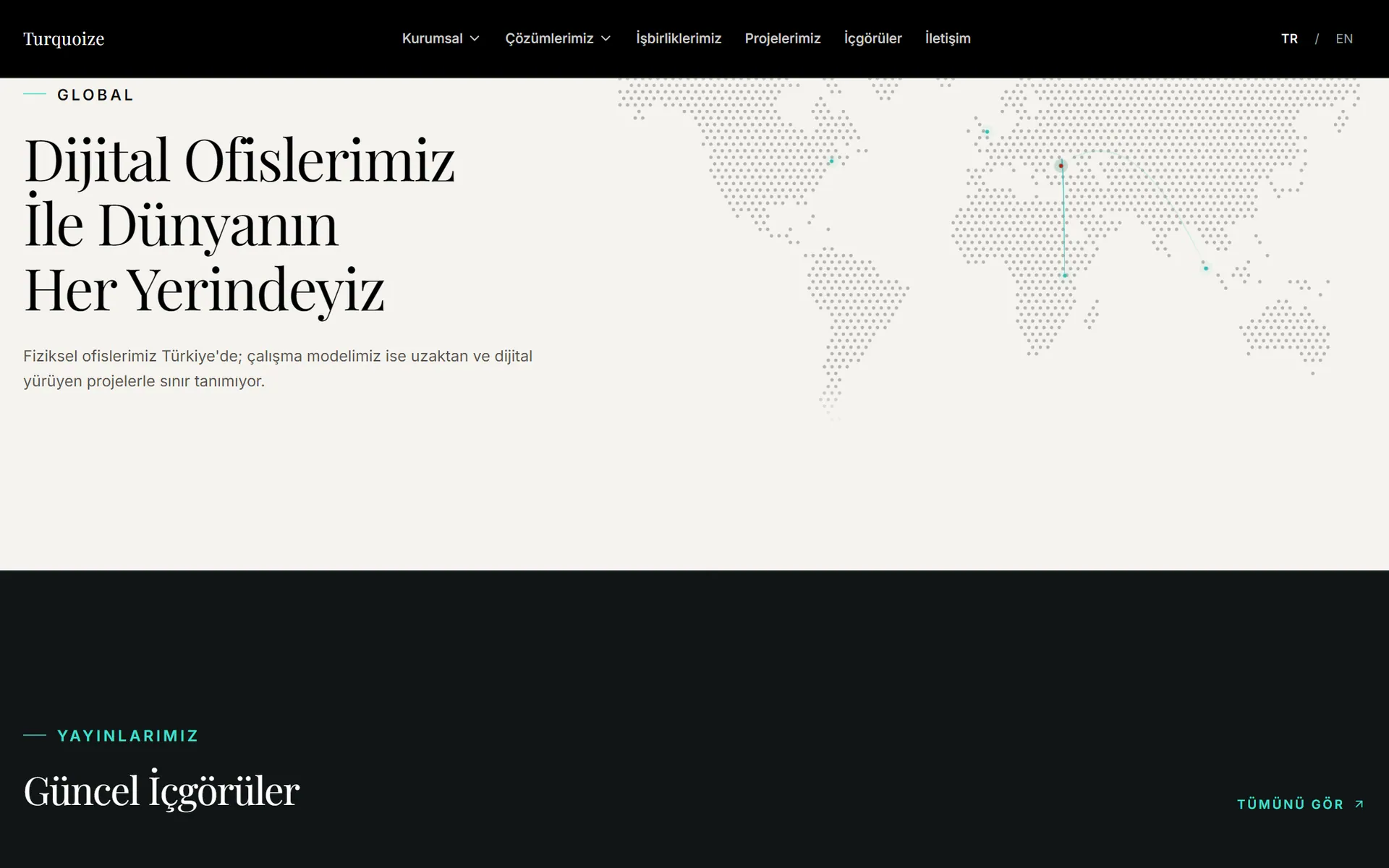 Turquoize ana sayfasında dijital ofisler bölümü, noktalarla çizilmiş dünya haritasıyla
