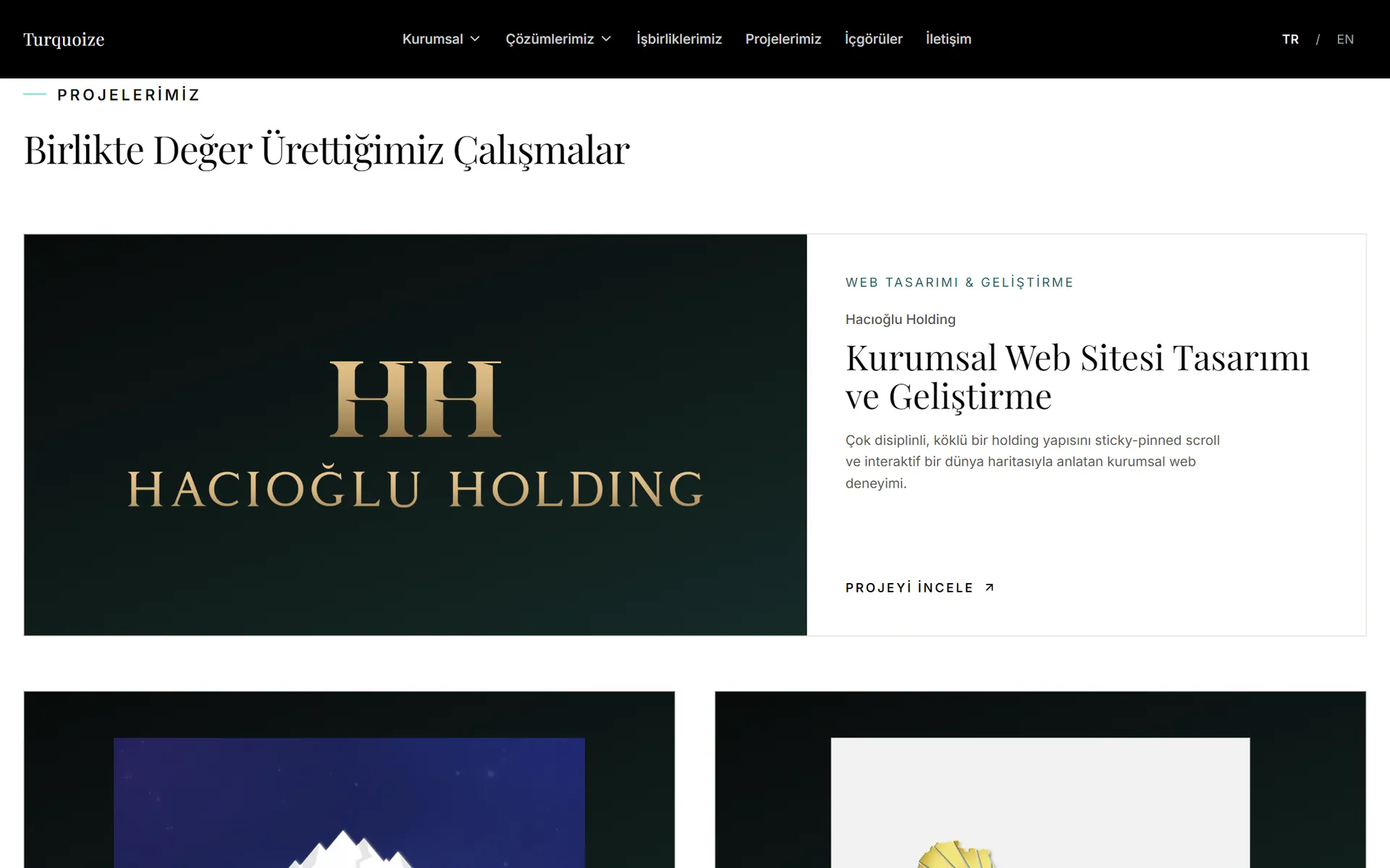 Turquoize projelerimiz sayfasındaki proje kartları